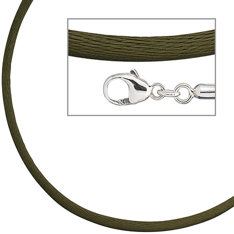 SIGO Collier Halskette Seide oliv grün 2,8 mm 42 cm, Verschluss 925 Silber Kette