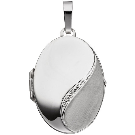Medaillon oval 585 Gold Weißgold mattiert 2 Diamanten Anhänger zum Öffnen