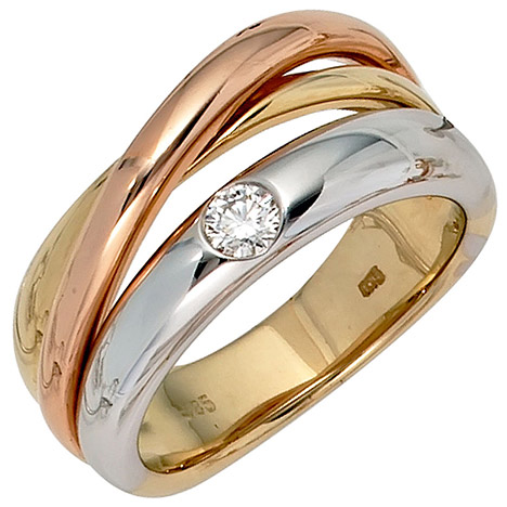 SIGO Damen Ring 585 Gold dreifarbig tricolor 1 Diamant Brillant 0,15ct. Goldring
