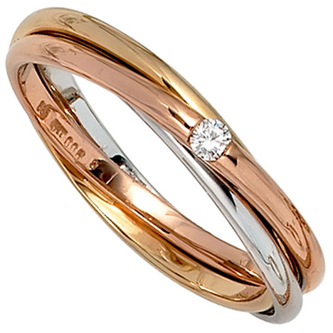 SIGO Damen Ring verschlungen 585 Gold tricolor dreifarbig 1 Diamant Brillant 0,06ct.