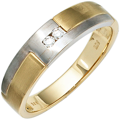SIGO Herren Ring 585 Gold Gelbgold Weißgold mattiert 2 Diamanten Brillanten Goldring
