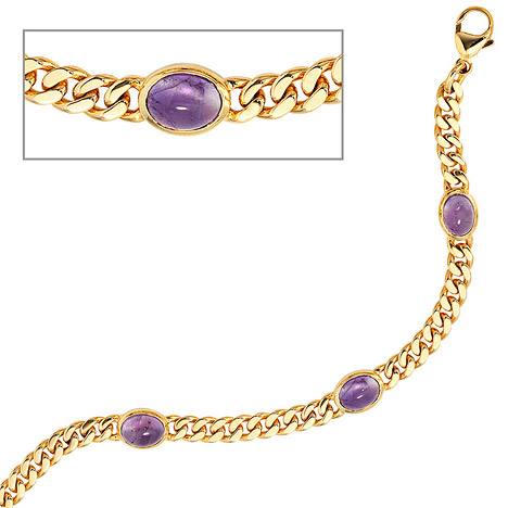 SIGO Armband 585 Gold Gelbgold 19 cm 4 Amethyst-Chabochons lila violett Goldarmband