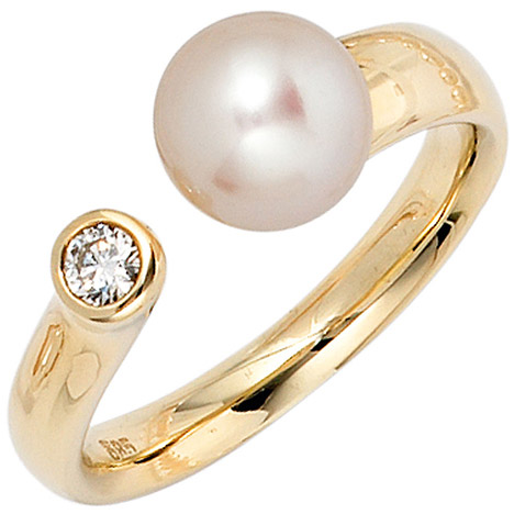SIGO Damen Ring 585 Gold Gelbgold 1 Süßwasser Perle 1 Diamant Brillant Perlenring
