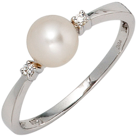 SIGO Damen Ring 585 Gold Weißgold 1 Süßwasser Perle 2 Diamanten Brillanten Perlenring