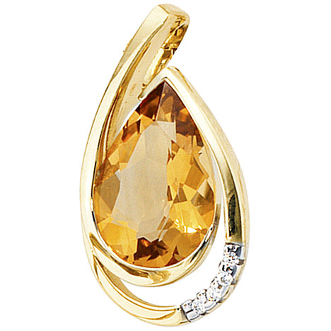 SIGO Anhänger Tropfen 585 Gold Gelbgold 4 Diamanten Brillanten 1 Citrin Goldanhänger
