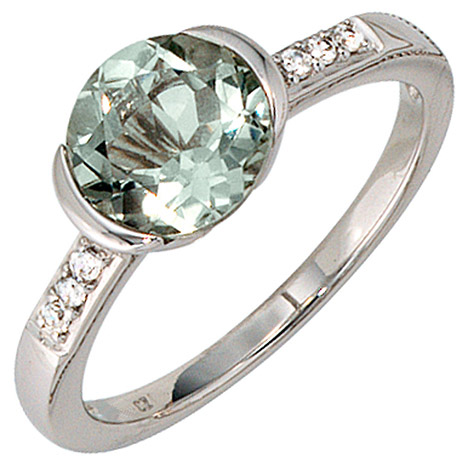 SIGO Damen Ring 585 Gold Weißgold 6 Diamanten Brillanten 1 Amethyst grün Goldring