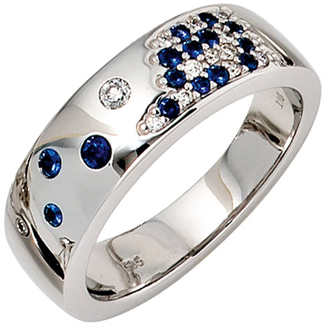 SIGO Damen Ring 585 Gold Weißgold 13 Diamanten Brillanten 0,10ct. 15 Safire blau