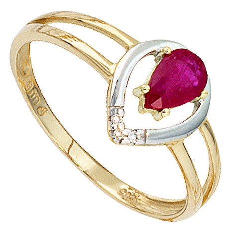 SIGO Damen Ring 585 Gold Gelbgold bicolor 1 Rubin rot 3 Diamanten Brillanten Goldring