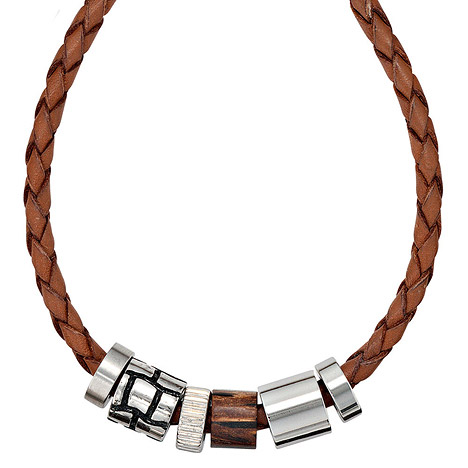 SIGO Collier Halskette Leder braun mit Edelstahl und Holz 45 cm Kette Lederkette