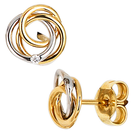 SIGO Ohrstecker Knoten verschlungen 585 Gold bicolor 2 Diamanten Brillanten Ohrringe