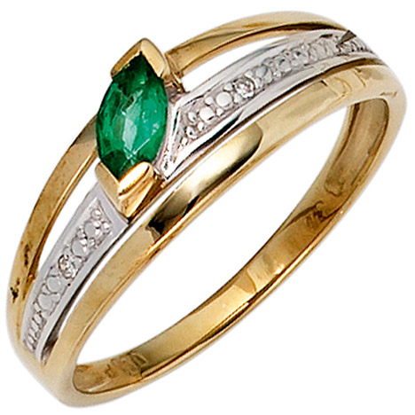 SIGO Damen Ring 585 Gold Gelbgold bicolor 1 Smaragd grün2 Diamanten 0,01ct. Goldring