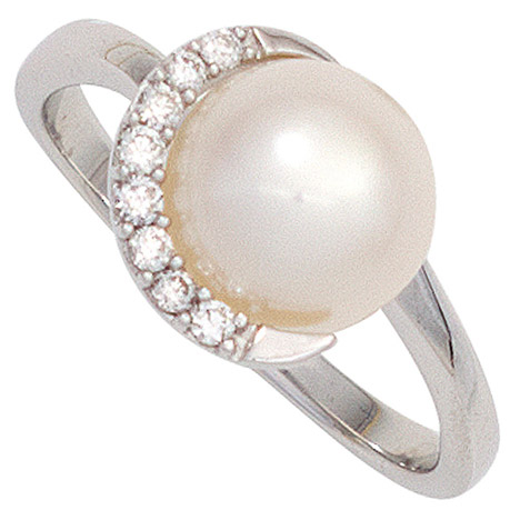 SIGO Damen Ring 585 Gold Weißgold 1 Süßwasser Perle 8 Diamanten Brillanten Goldring