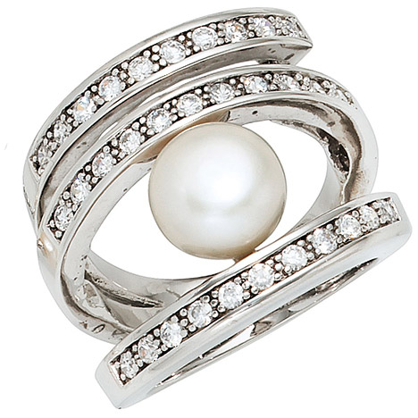 SIGO Damen Ring breit 925 Silber rhodiniert 1 Süßwasser Perle 31 Zirkonia Perlenring