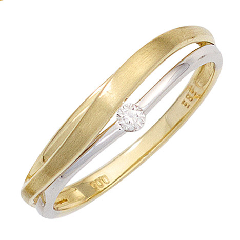 SIGO Damen Ring 585 Gold Gelbgold Weißgold bicolor matt 1 Diamant Brillant Goldring