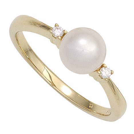 SIGO Damen Ring 585 Gold Gelbgold 1 Süßwasser Perle 2 Diamanten Brillanten Perlenring