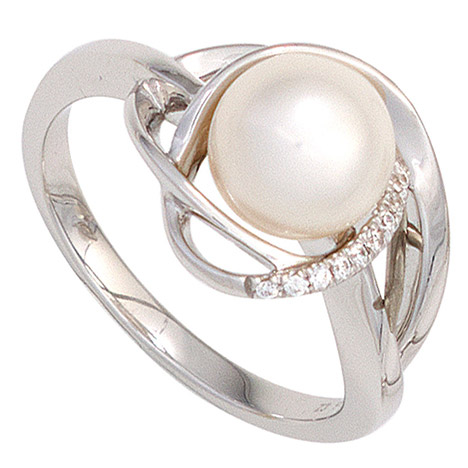 SIGO Damen Ring 585 Gold Weißgold 1 Süßwasser Perle 9 Diamanten Brillanten Goldring