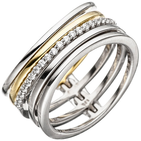 SIGO Damen Ring mehrreihig breit 925 Silber bicolor vergoldet mit Zirkonia Silberring