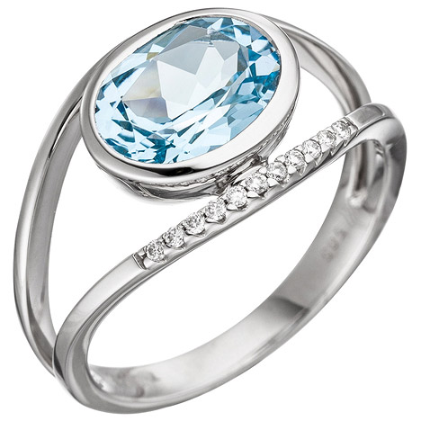 SIGO Damen Ring 585 Weißgold 11 Diamanten Brillanten 1 Blautopas hellblau blau