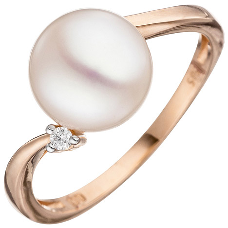 SIGO Damen Ring 585 Rotgold 1 Süßwasser Perle 1 Diamant Brillant Perlenring