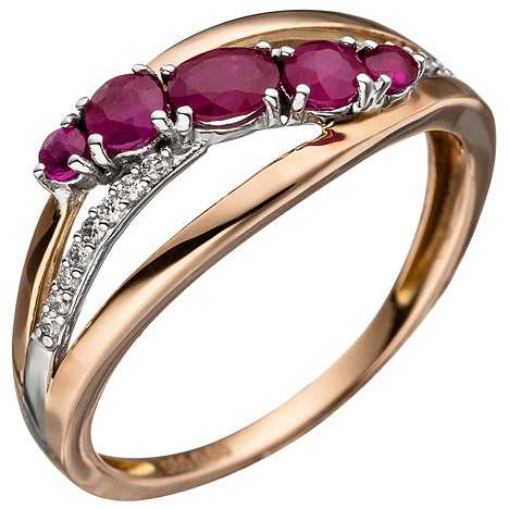 SIGO Damen Ring 585 Gold Rotgold 5 Rubine rot 16 Diamanten Brillanten Rubinring
