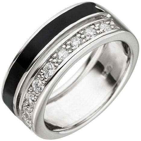 SIGO Damen Ring 925 Sterling Silber 9 Zirkonia schwarze Lackeinlage Silberring