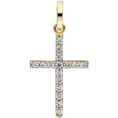 SIGO Anhänger Kreuz schmal 375 Gold Gelbgold 16 Zirkonia Kreuzanhänger Goldkreuz