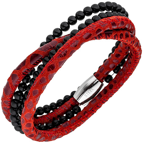 SIGO Armband Leder rot mit Onyx Kugeln und Edelstahl 19 cm Lederarmband 20432