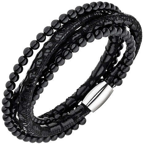 SIGO Armband Leder schwarz mit Onyx Kugeln und Edelstahl 19 cm Lederarmband