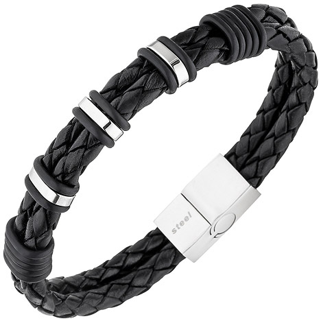 SIGO Herren Armband 2-reihig Leder schwarz mit Edelstahl 21 cm Herrenarmband