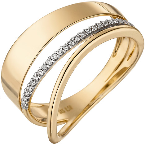 SIGO Damen Ring breit mehrreihig 585 Gold Gelbgold 24 Diamanten Brillanten Goldring