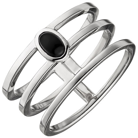 SIGO Damen Ring 3-reihig breit 925 Sterling Silber 1 Onyx Silberring Onyxring