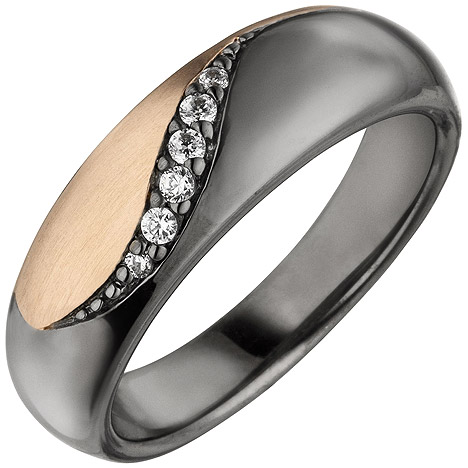 SIGO Damen Ring 925 Sterling Silber schwarz und roségold bicolor 6 Zirkonia