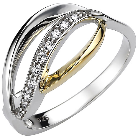 SIGO Damen Ring 925 Sterling Silber bicolor vergoldet 9 Zirkonia Silberring