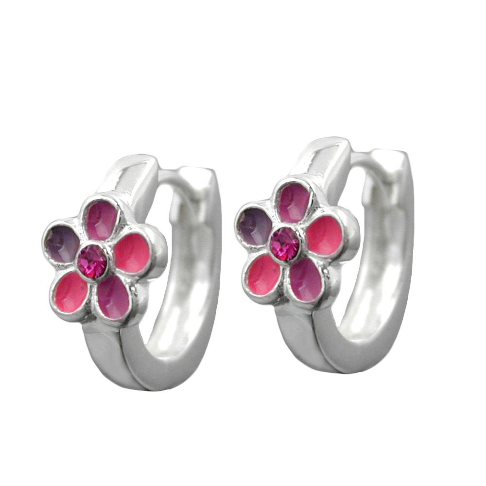 Creolen, Blume pink-lackiert, Silber 925
