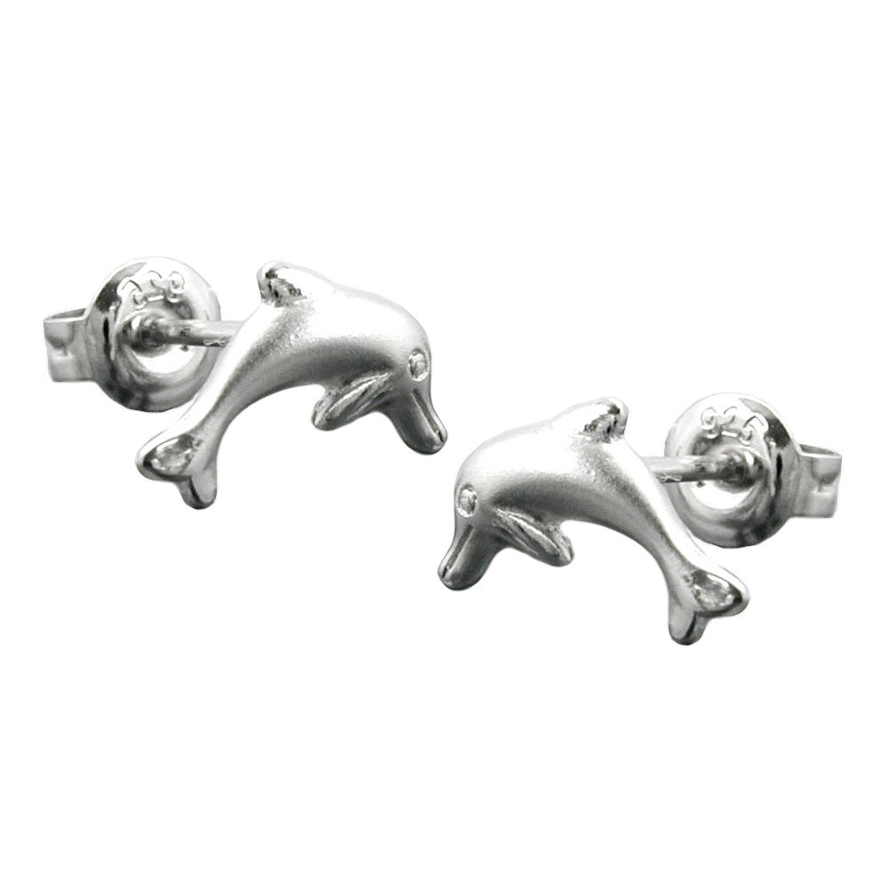 Ohrstecker 10x5mm springender Delfin matt-glänzend rhodiniert Silber 925