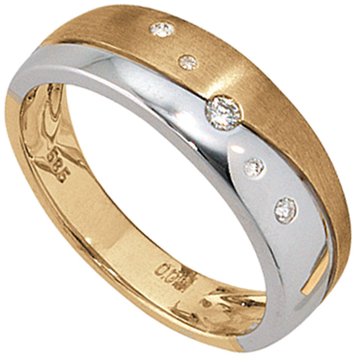 Damen Ring 585 Gold Gelbgold Weißgold bicolor matt 5 Diamanten Brillanten