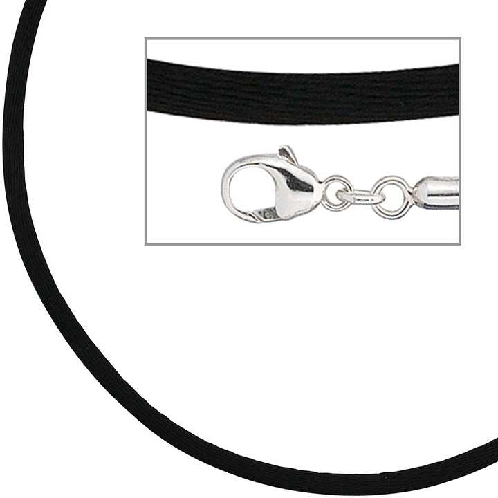 Collier Halskette Seide schwarz 2,8 mm 42 cm, Verschluss 925 Silber Kette