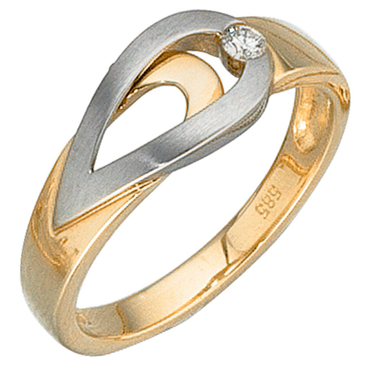 Damen Ring 585 Gold Gelbgold Weißgold bicolor matt 1 Diamant Brillant