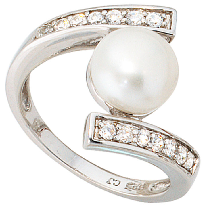 Damen Ring 925 Sterling Silber 1 Süßwasser Perle mit Zirkonia perlenring