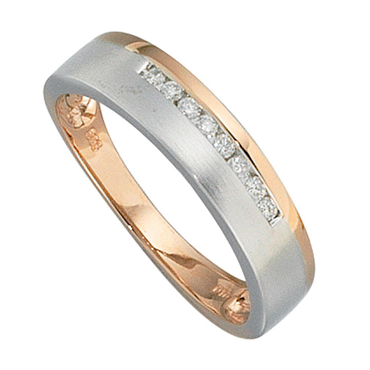 Damen Ring 585 Gold Rotgold Weißgold bicolor teilmatt 8 Diamanten Brillanten