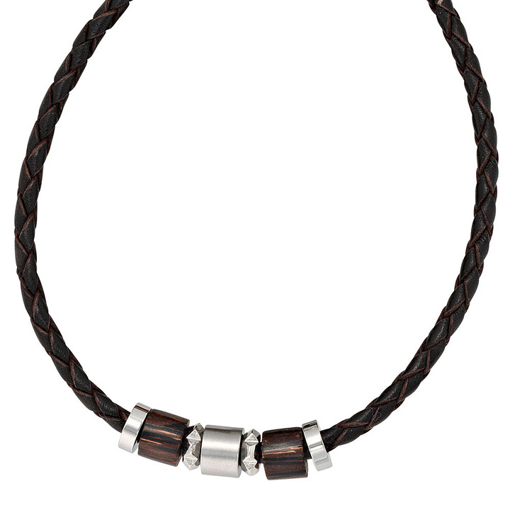 Collier Halskette Leder schwarz mit Edelstahl und Holz 45 cm Kette Lederkette