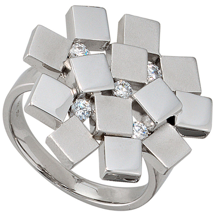 Damen Ring 925 Sterling Silber rhodiniert mattiert 5 Zirkonia Silberring