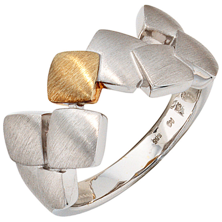 Damen Ring 925 Sterling Silber mit 585 Gold kombiniert rhodiniert mattiert