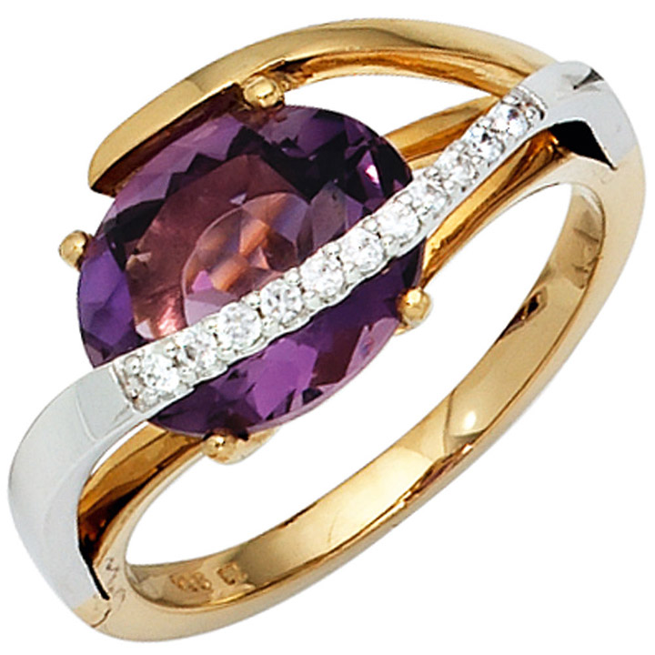 Damen Ring 585 Gold bicolor 11 Diamanten Brillanten 1 Amethyst lila violett