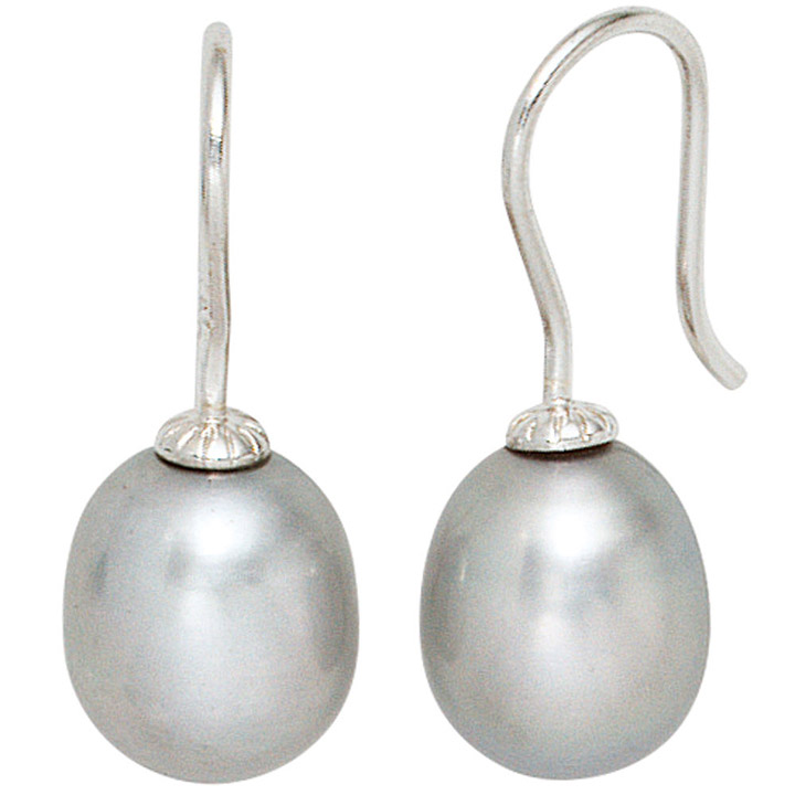 Ohrhänger 925 Sterling Silber 2 graue Süßwasser Perlen Ohrringe Perlenohrringe