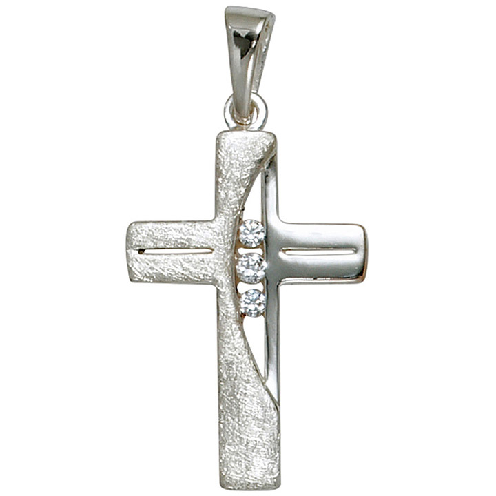 Anhänger Kreuz 925 Sterling Silber eismatt 3 Zirkonia Kreuzanhänger Silberkreuz