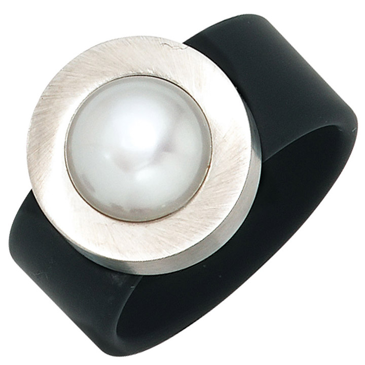 Damen Ring PVC schwarz mit Edelstahl kombiniert 1 Süßwasser Perle Perlenring