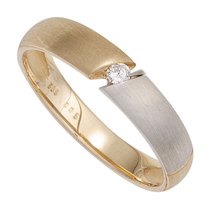 Damen Ring 585 Gold Gelbgold bicolor matt 1 Diamant Brillant 0,05ct. Goldring