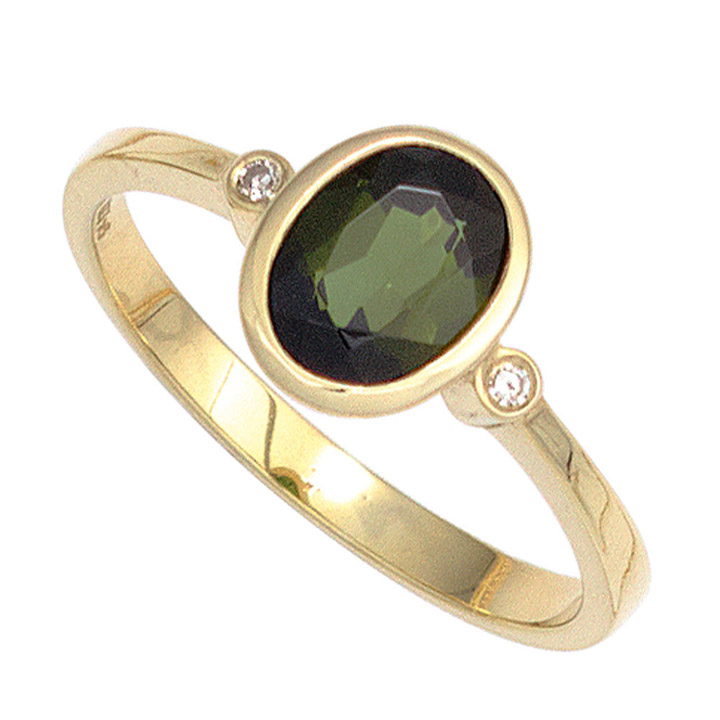 Damen Ring 585 Gold Gelbgold 1 Turmalin grün 2 Diamanten 0,02ct. Goldring