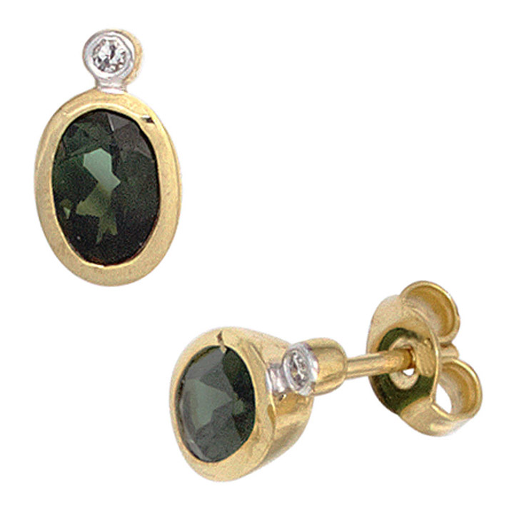 Ohrstecker oval 585 Gold Gelbgold 2 Turmaline grün 2 Diamanten Ohrringe